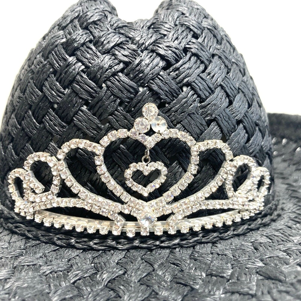 Black Straw Girls Rodeo Cowboy Hat W/ Tiara Elastic Band Inside comfort fit